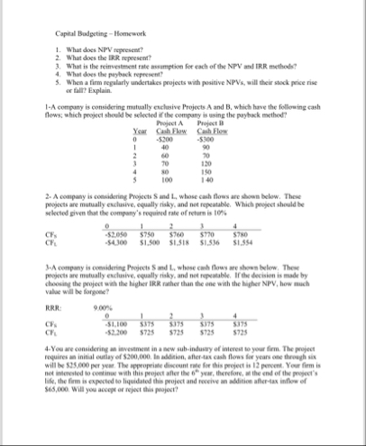 Capital Budgeting - Homework What does NPV