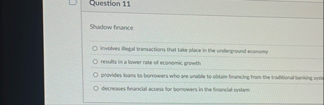 Question 1 1 Shadow finance involves illegal