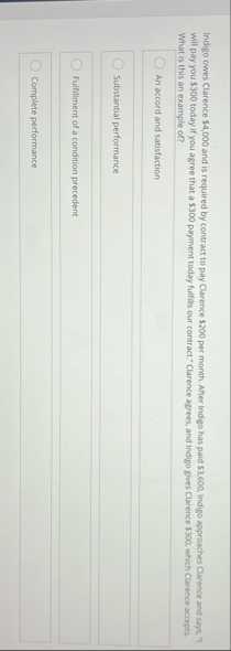 Indigo owes Clarence $ 4 , 0 0 0 and is required