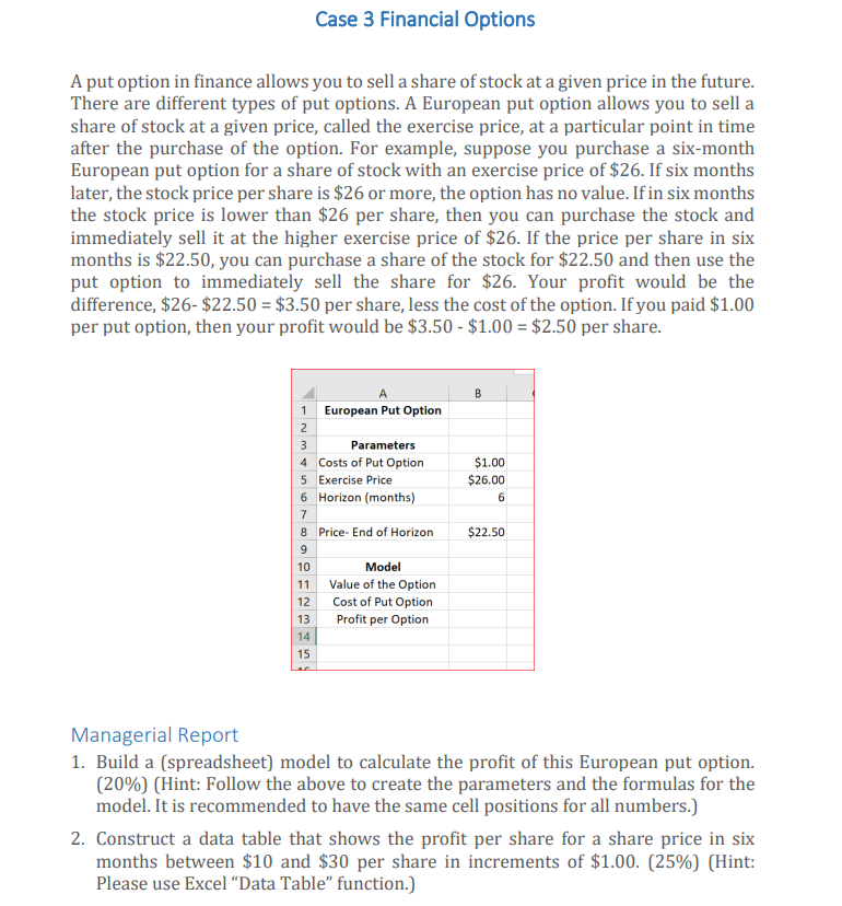 Case 3 Financial Options A put option in finance