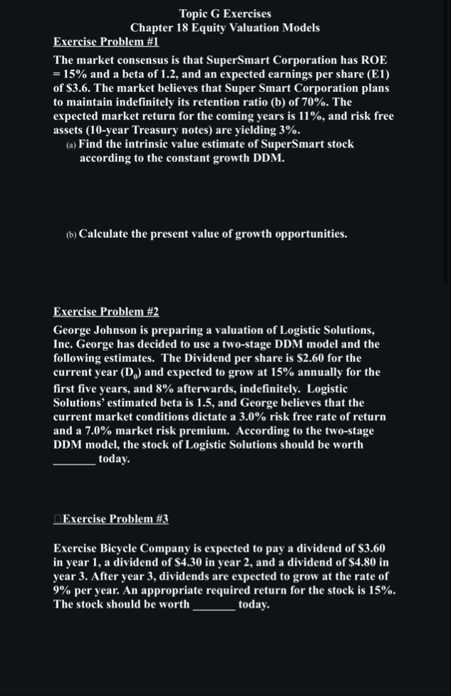 Topic G Exercises Chapter 1 8 Equity Valuation