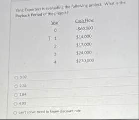 Yang Exporters is evaluating the following