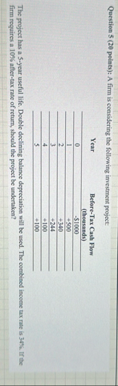 Question 5 ( 2 0 points ) : A firm is considering
