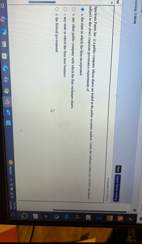 vaining: 1 : 3 0 : 4 4 Sove Question 3 7 of 5 0 .