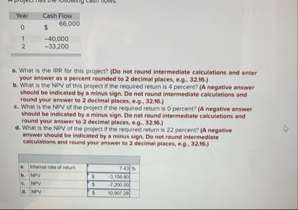 \ table [ [ Year , Cash Flow ] , [ 0 , $ 6 6 , 0