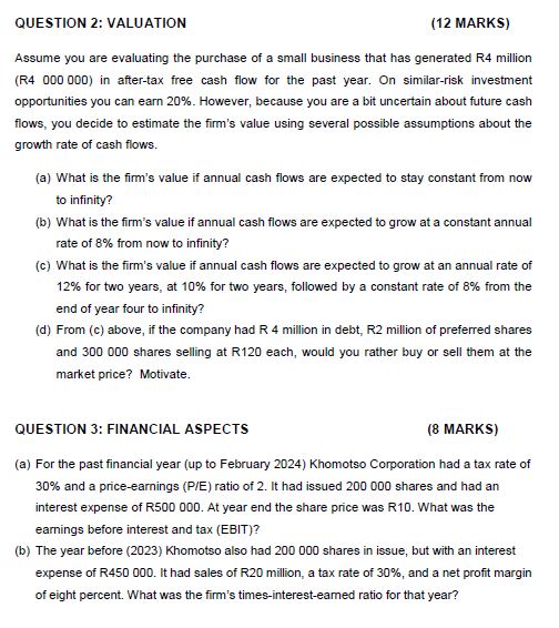 QUESTION 2 : VALUATION ( 1 2 MARKS ) Assume you