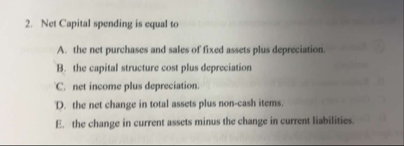 Net Capital spending is equal to A . the net