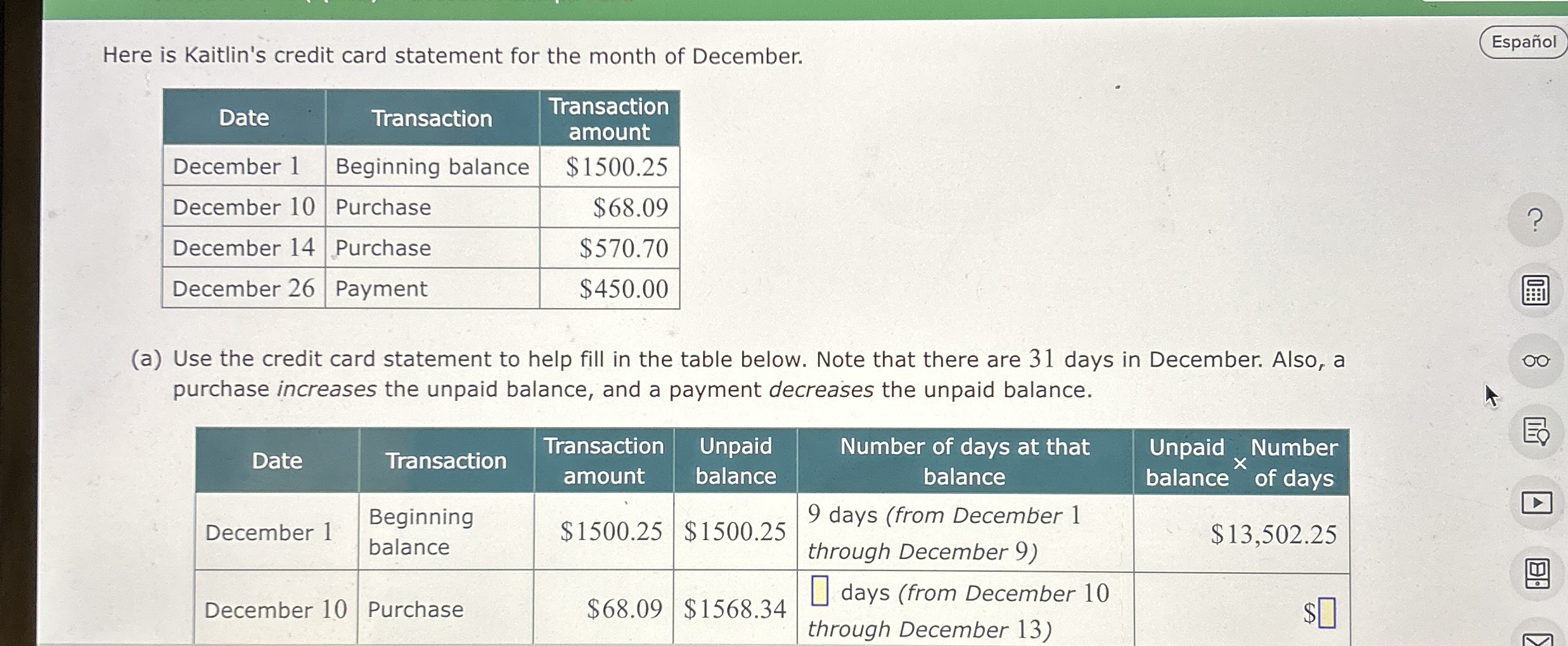 Here is Kaitlin's credit card statement for the