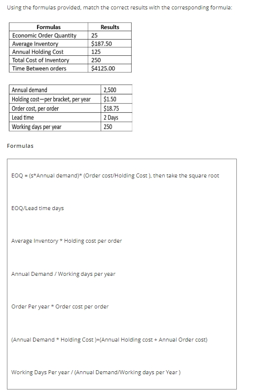 Using the formulas provided, match the correct