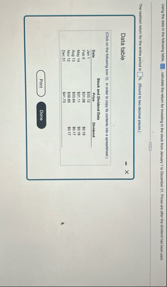 Using the data in the following table, ,