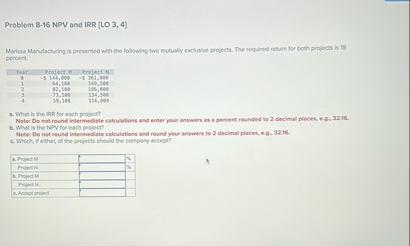 Problem 8 - 1 6 NPV and IRR [ LO 3 , 4 ] Marisns