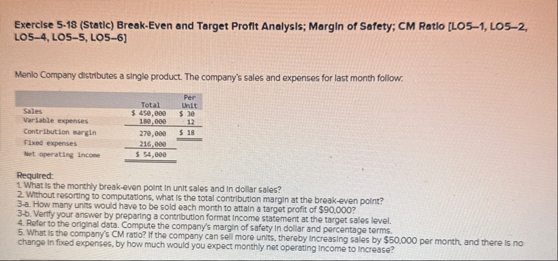 Exerclse 5 - 1 8 ( Static ) Break - Even and