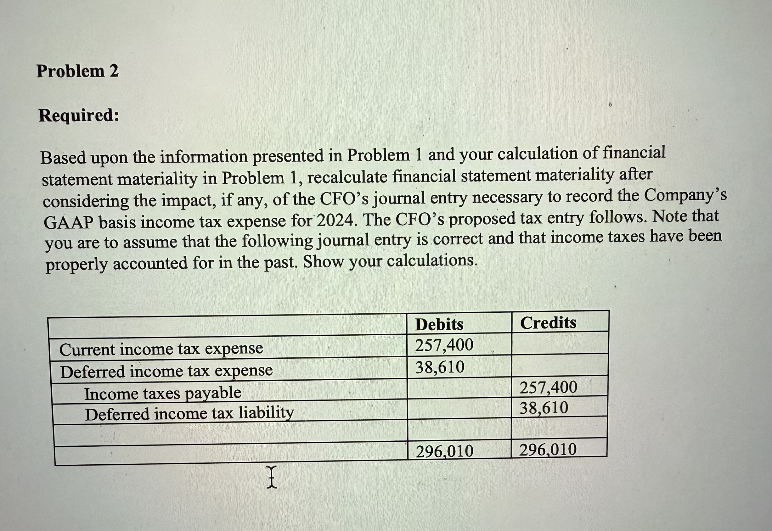 Problem 2 Required: Based upon the information