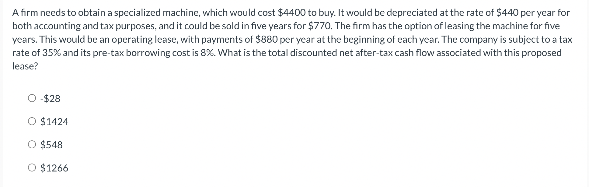 A firm needs to obtain a specialized machine,