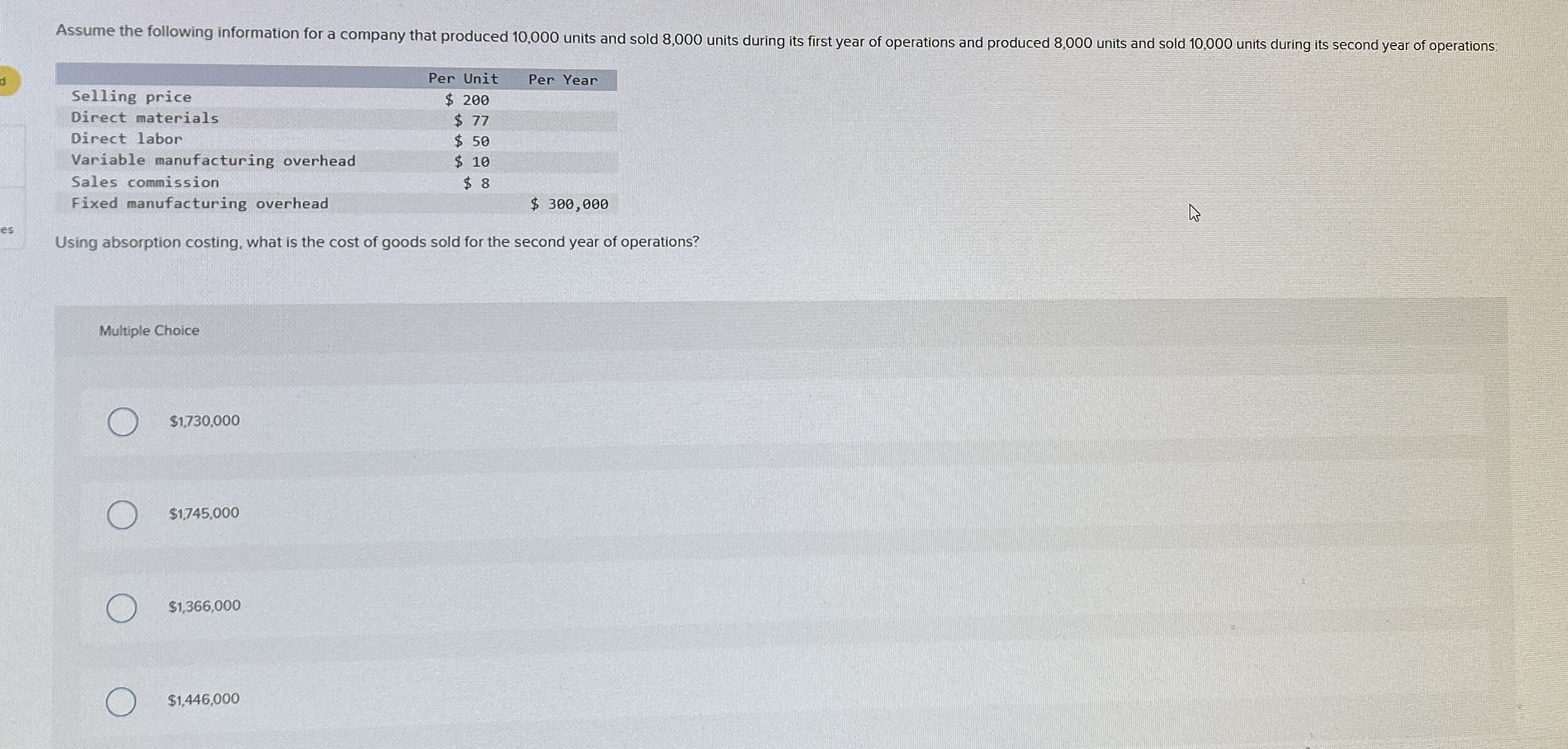 \ table [ [ , Per Unit,Per Year ] , [ Selling