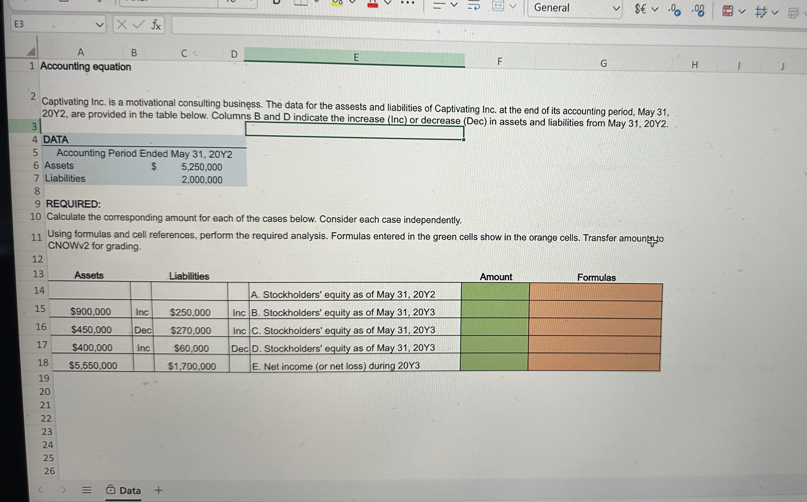 General E 3 A B C D E F G 1 Accounting equation 2