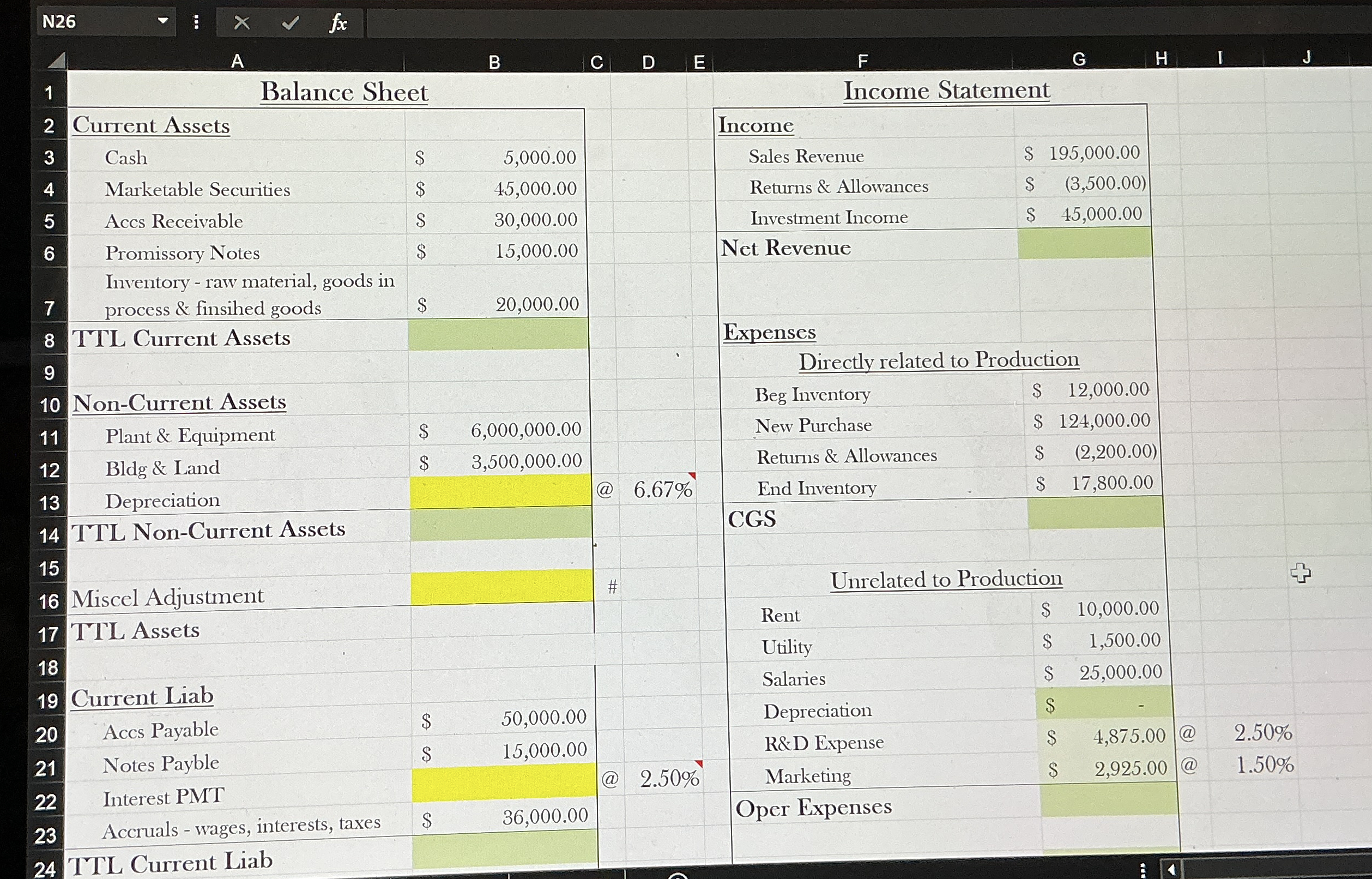 N 2 6 A B . C D E F G Income Statement \ table [