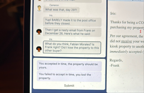 Cameron What was that, day 2 9 ? ! Iris Yupl