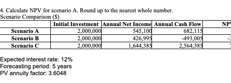 4. Calculate NPV for scenario A. Round up to the