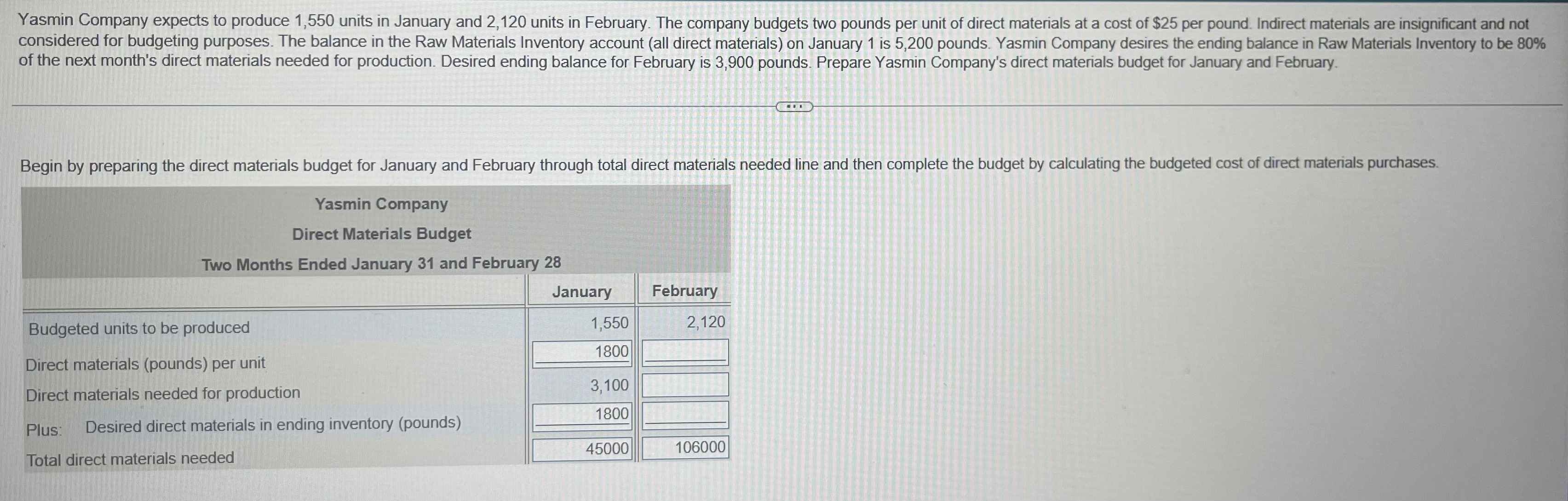 Yasmin Company expects to produce 1 , 5 5 0 units