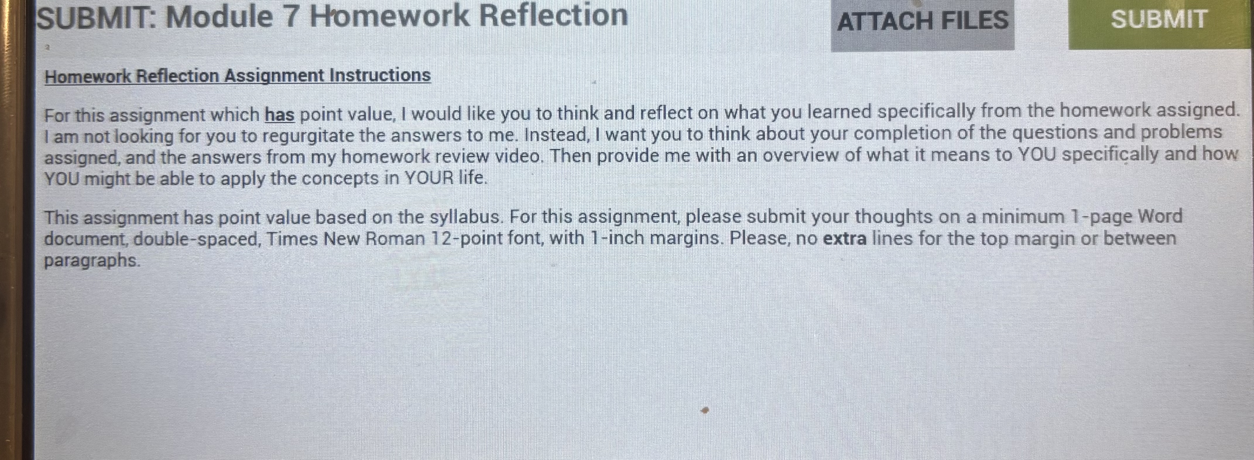 SUBMIT: Module 7 Homework Reflection ATTACH FILES