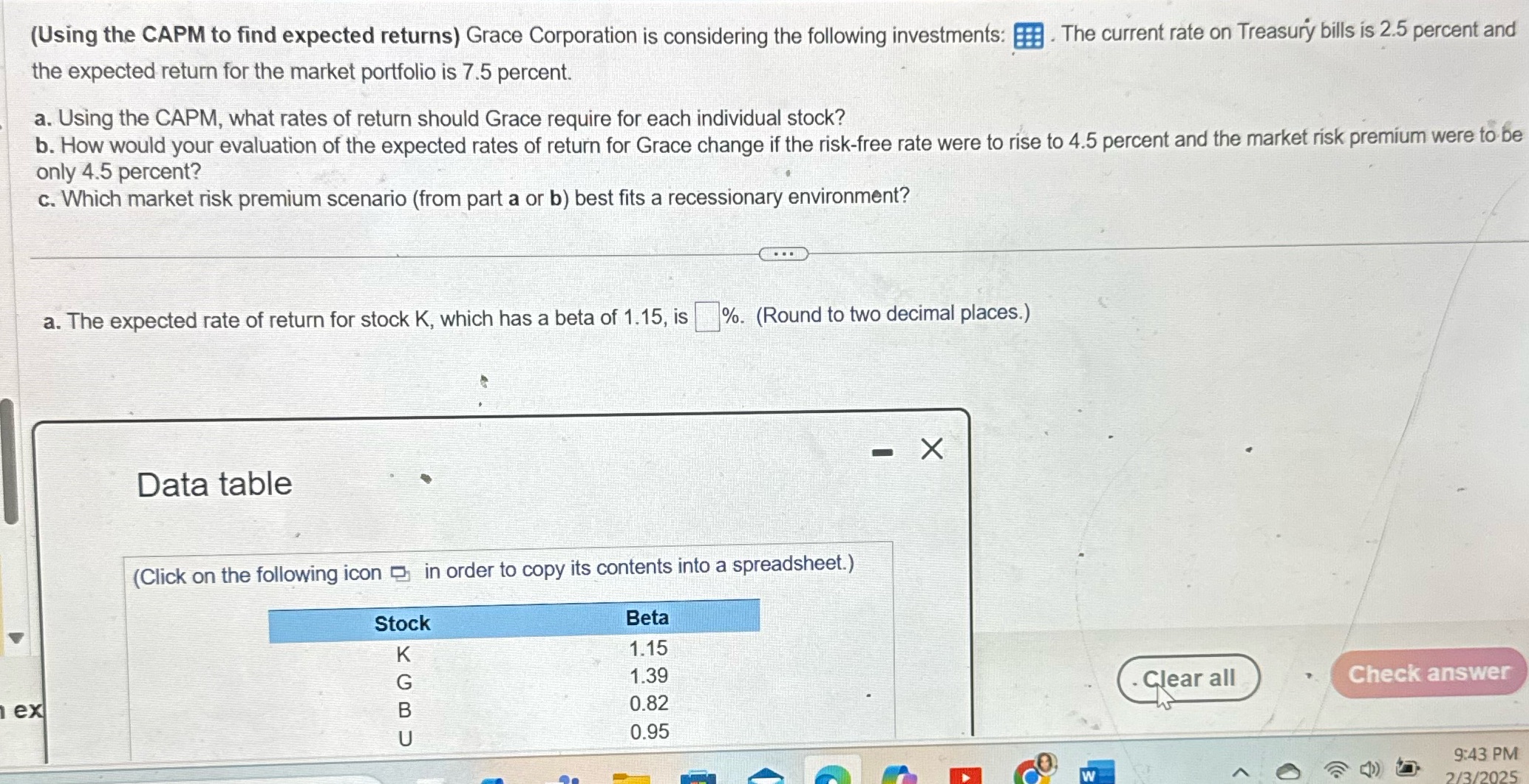 (Using the CAPM to find expected returns) Grace
