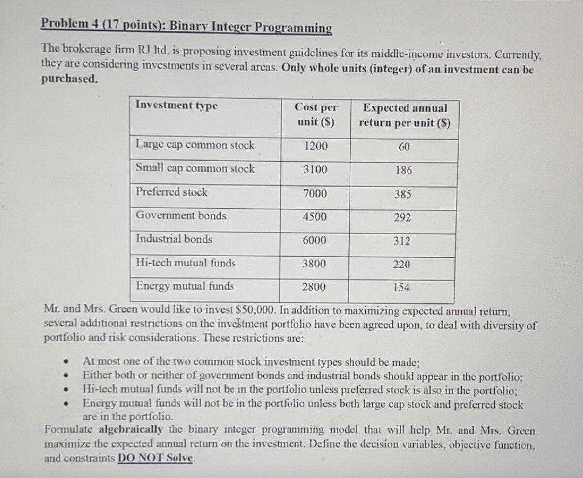 Problem 4 (17 points): Binary Integer Programming