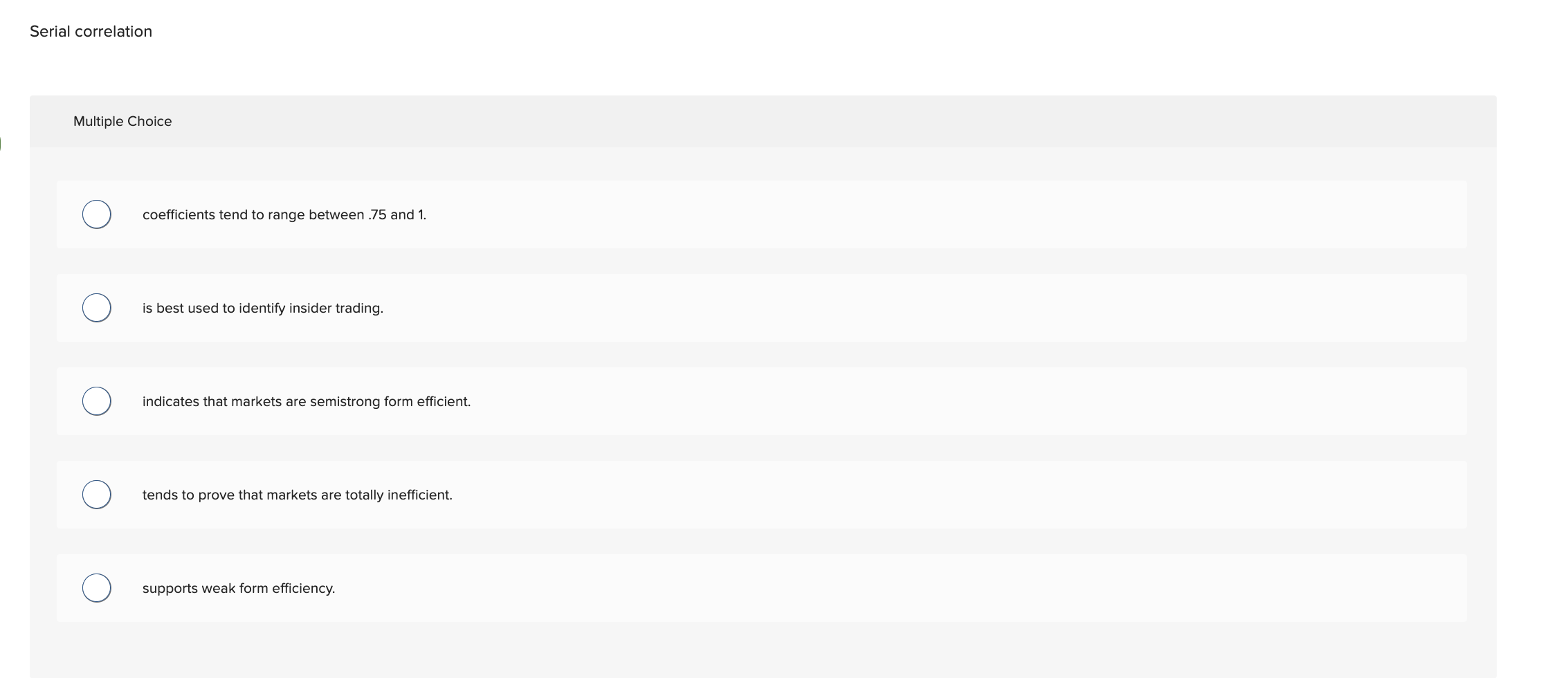 Serial correlation Multiple Choice coefficients