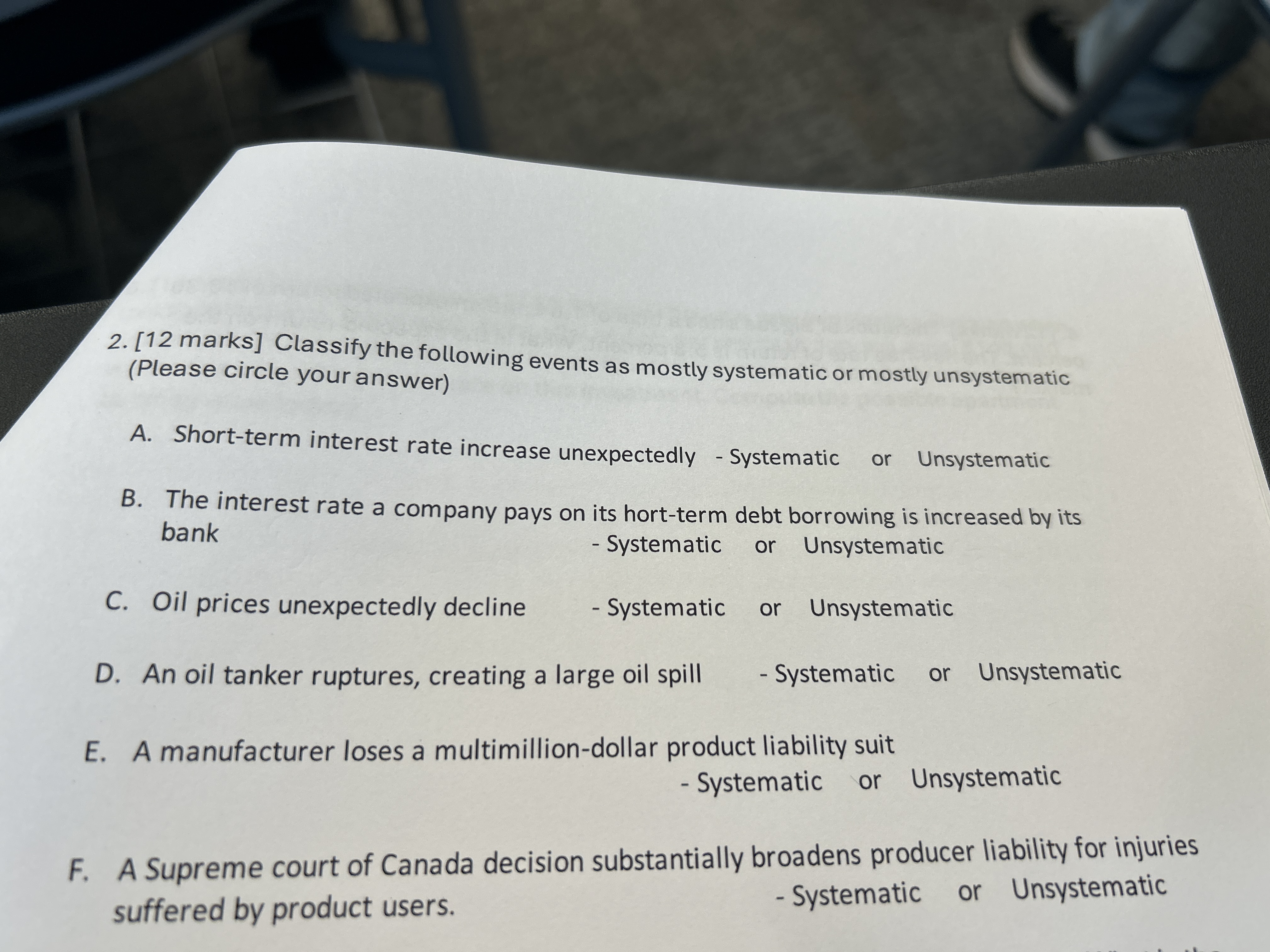 2 . [ 1 2 marks ] Classify the following events