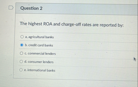 Question 2 The highest ROA and charge - off rates