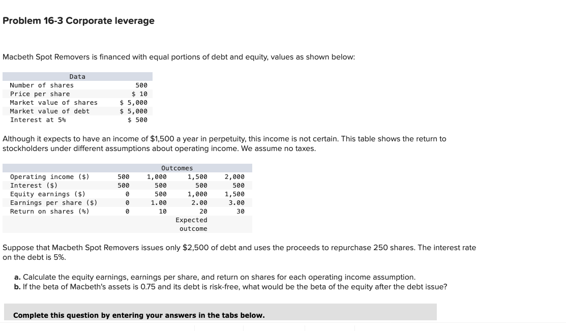 Problem 1 6 - 3 Corporate leverage Macbeth Spot
