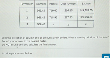 \ table [ [ Payment # , Payment,Interest,Debt