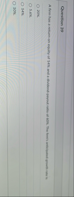 Question 3 9 A firm has a return on equity of 1 4
