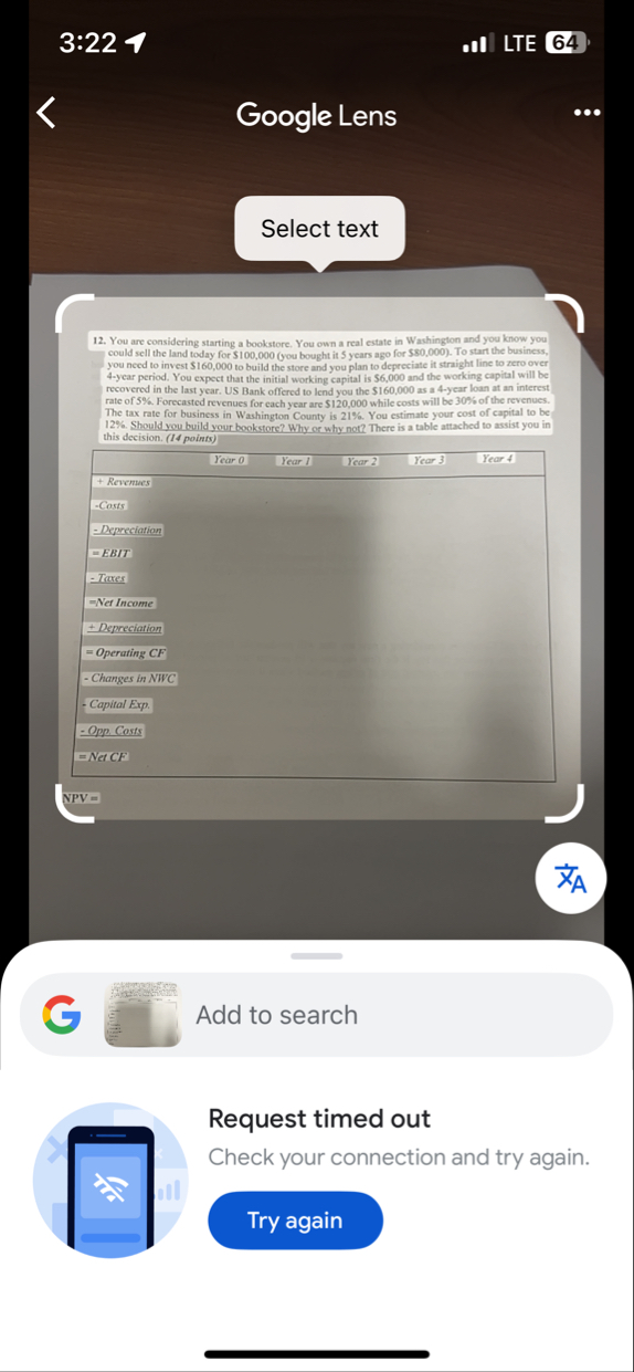 3 : 2 2 7 LTE 6 4 Google Lens Select text 1 2 .