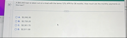 A 5 6 3 , 0 0 0 loan is taken out on a boat with