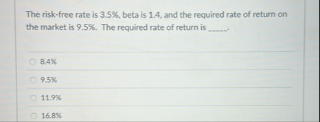 The risk - free rate is 3 . 5 % , beta is 1 . 4 ,