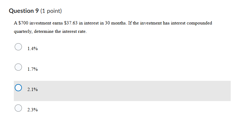 pls ans Question 9 (1 point) A $700 investment