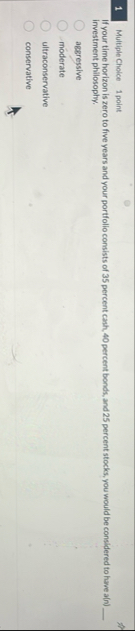 1 Multiple Cholce 1 point If your time horizon is