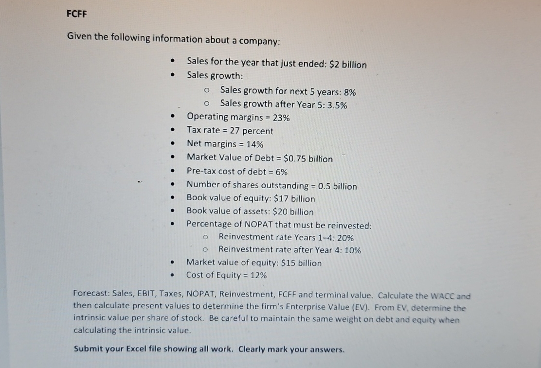 FCFF Given the following information about a