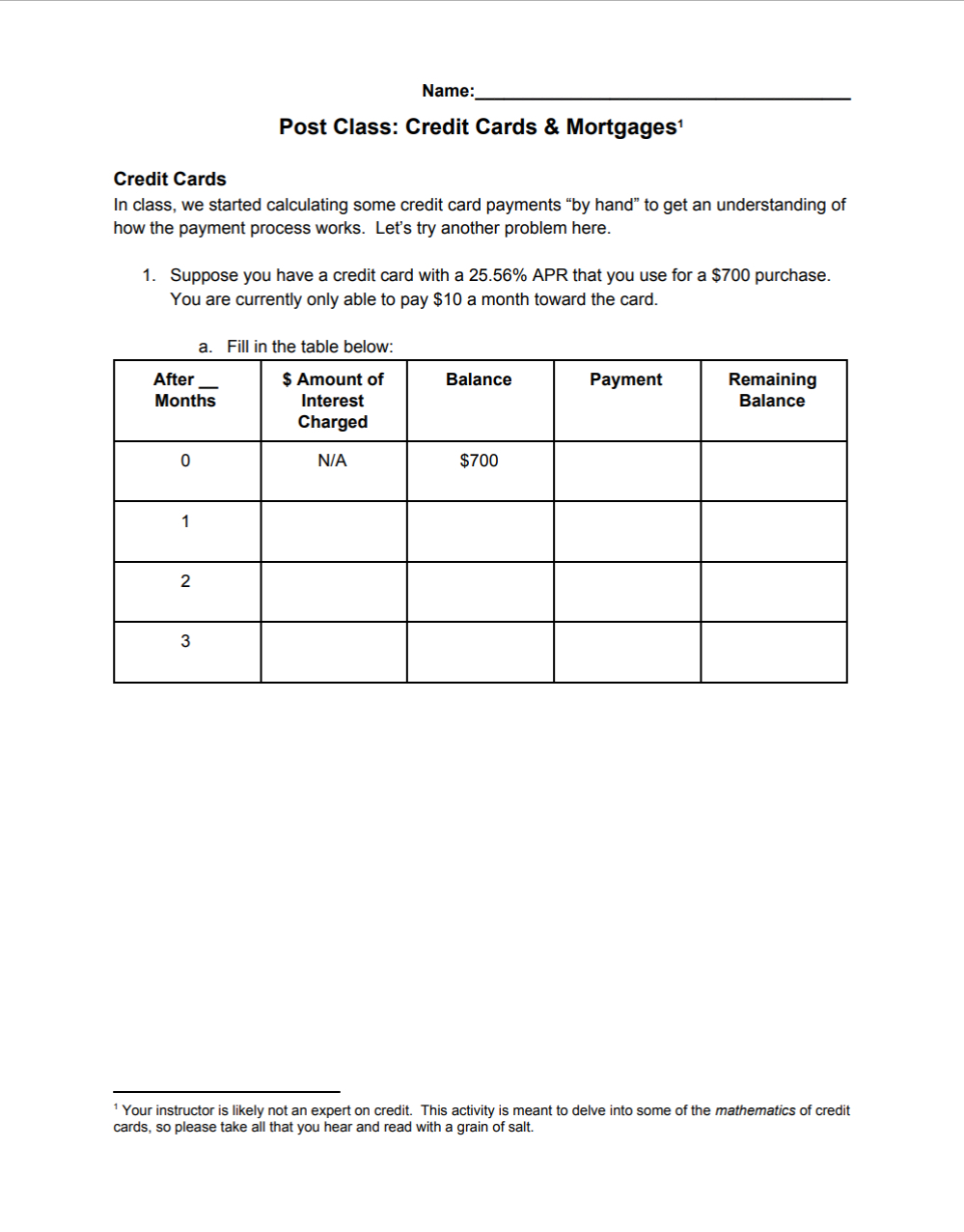 Name: Post Class: Credit Cards & Mortgages'