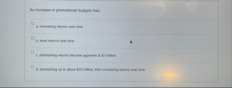 An increase in promotional budgets has: a .