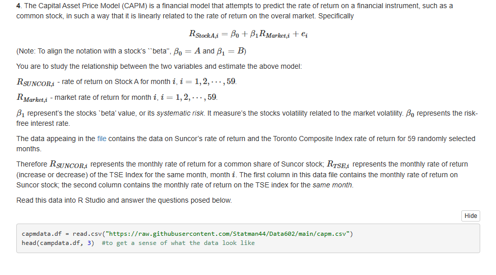 Write a R script 4. The Capital Asset Price Model