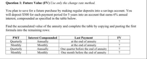 Question 1 : Future Value ( FV ) Use only the