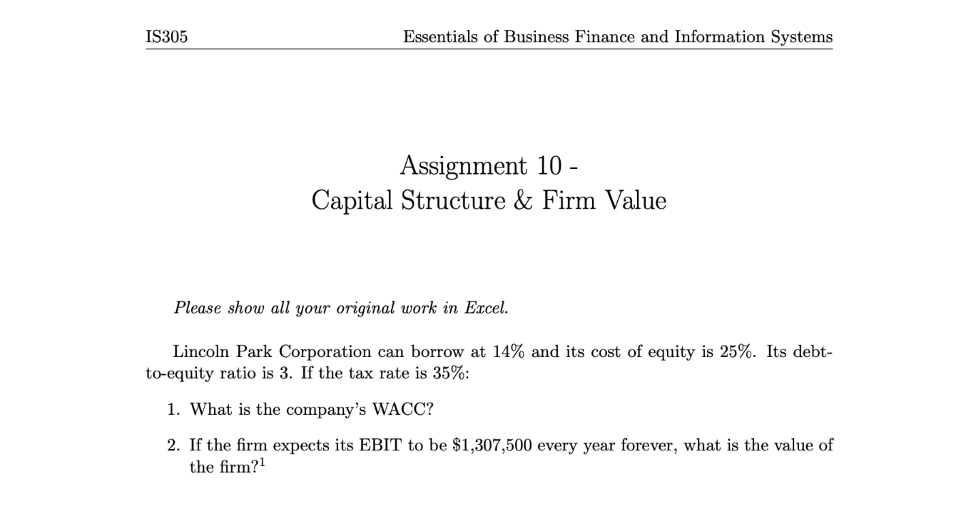 Assignment 1 0 - Capital Structure \ & Firm Value