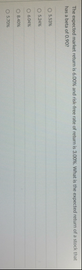 The expected market return is 6 . 0 0 % and risk