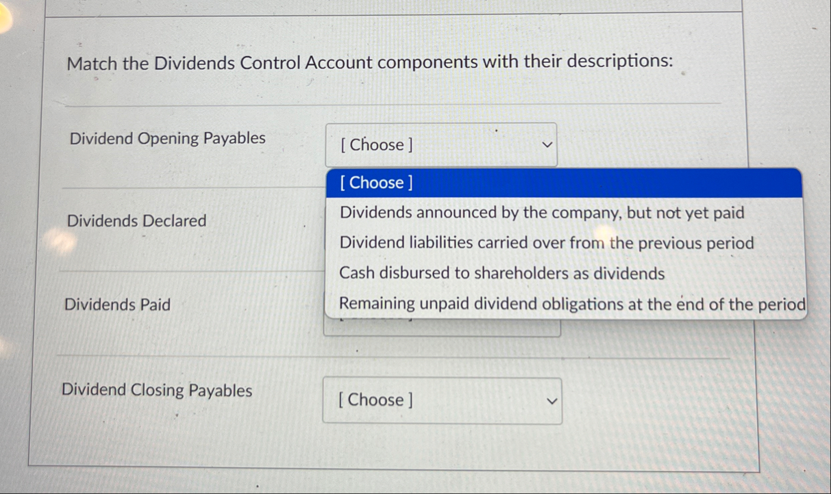Match the Dividends Control Account components