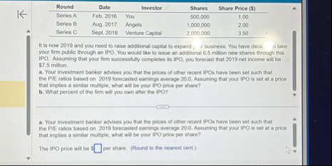 \ table [ [ Round , Date,,Investor,Shares ] ]