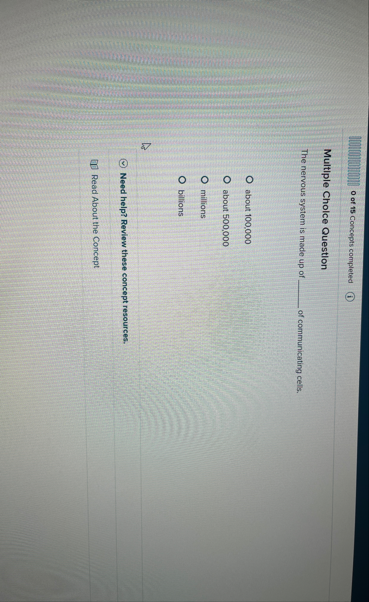 O of 1 5 Concepts completed ( i ) Multiple Choice