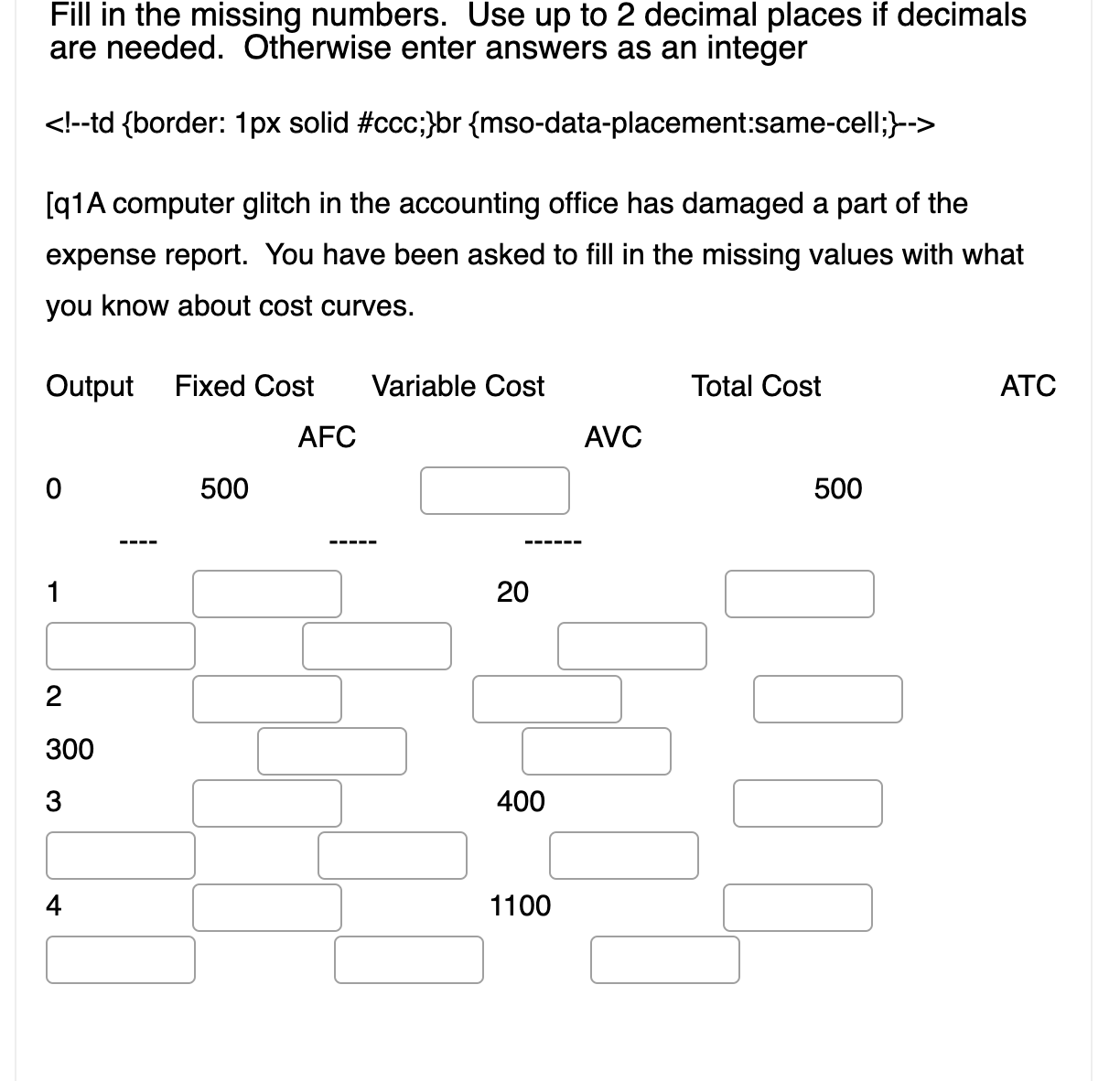 Fill in the missing numbers. Use up to 2 decimal