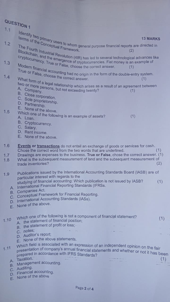 QUESTION 1 1.1 13 MARKS 1.2 Identify two primary